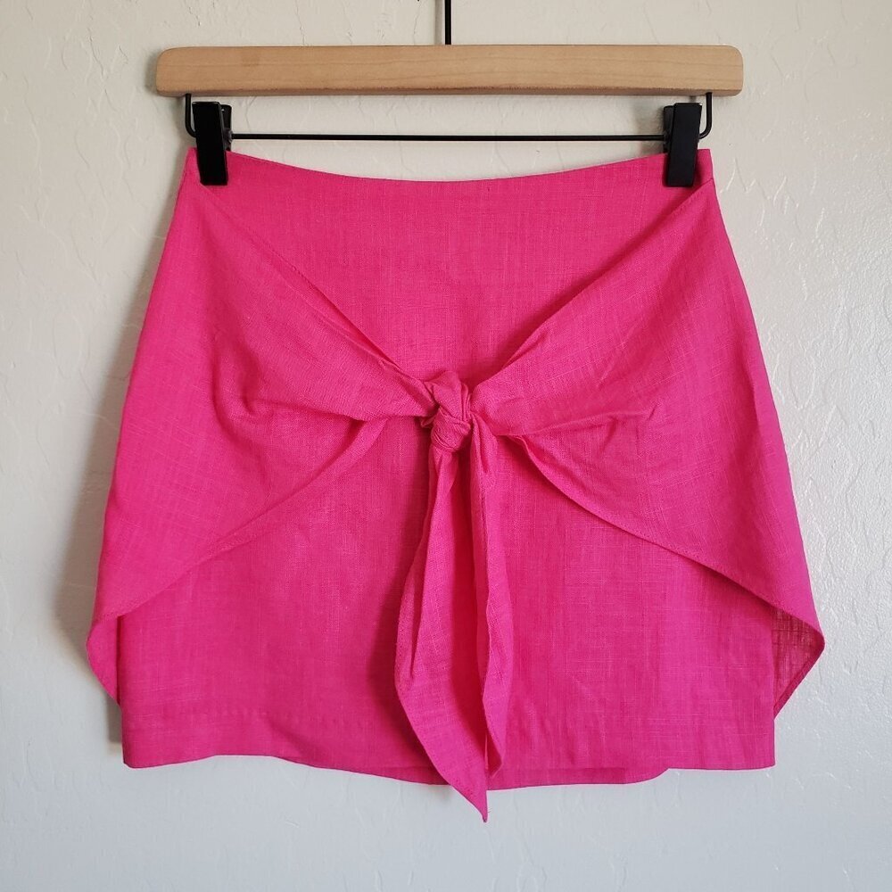 Lulus Linen Blend Charming Twist Tie-Front Bodycon Mini Skirt Hot Pink Sz XS NEW